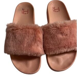 Jeffery Campbell size 10 coral fur slides rubber heel & footbed